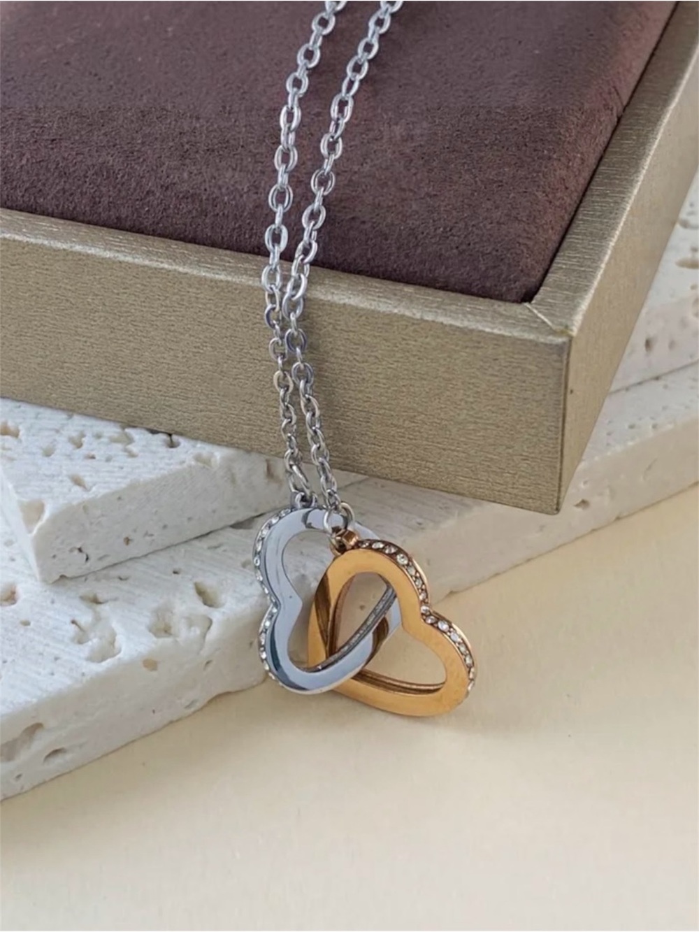 Two-Tone Heart Pendant Necklace NWT 18KT Gold PVD Coated